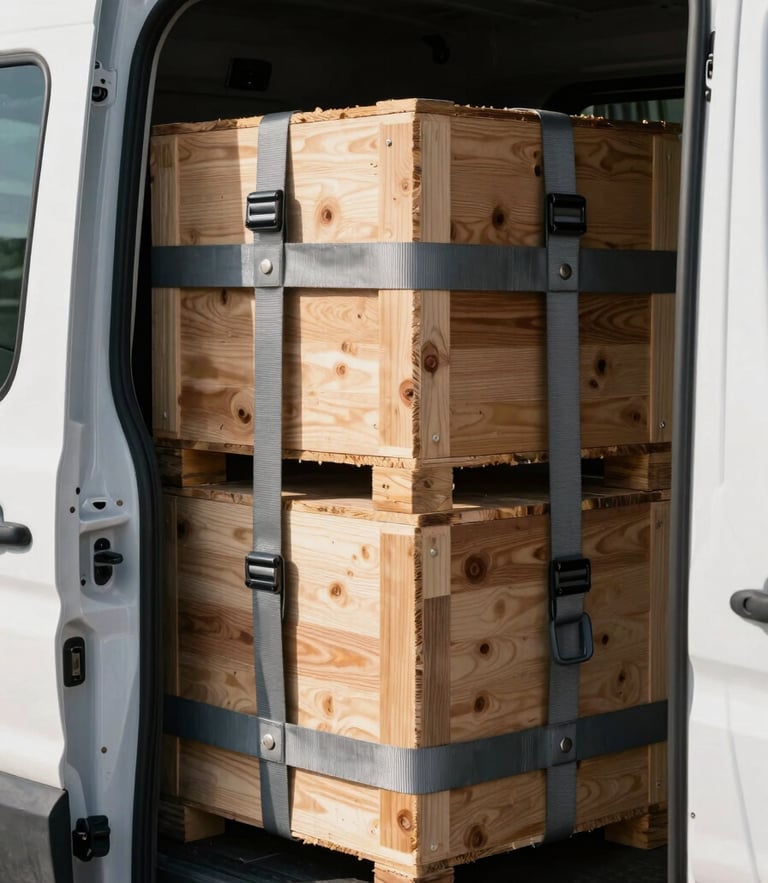 Close-up of industrial safety straps securing heavy wooden cargo crates inside a transport van, sharp morning light filtering through the side door.