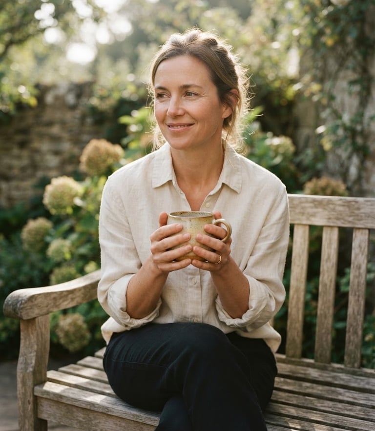 A woman sitting on a sunlit wooden bench, wearing a soft cream linen shirt, holding a warm ceramic mug in both hands, shallow depth of field, natural morning light.