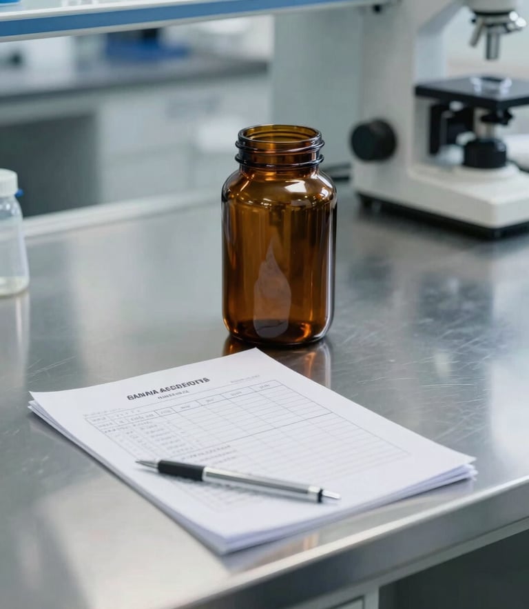 Clean modern laboratory setting with a stainless steel counter holding a sealed amber glass jar and a digital testing report.