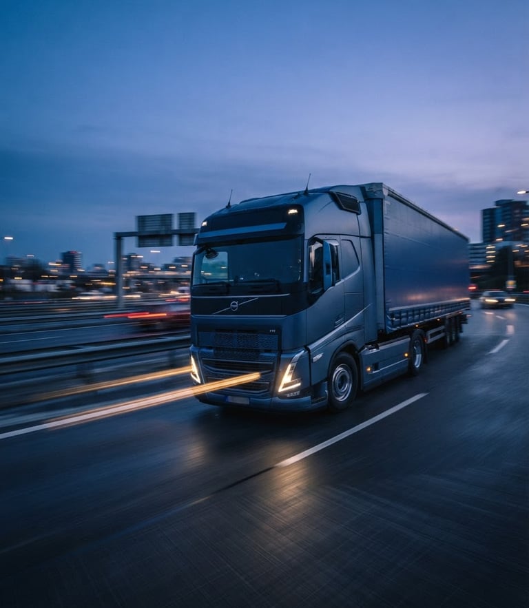 Sleek modern logistics truck in motion on a highway at twilight, cool ambient light with gold headlamp streaks, dynamic low-angle 35mm