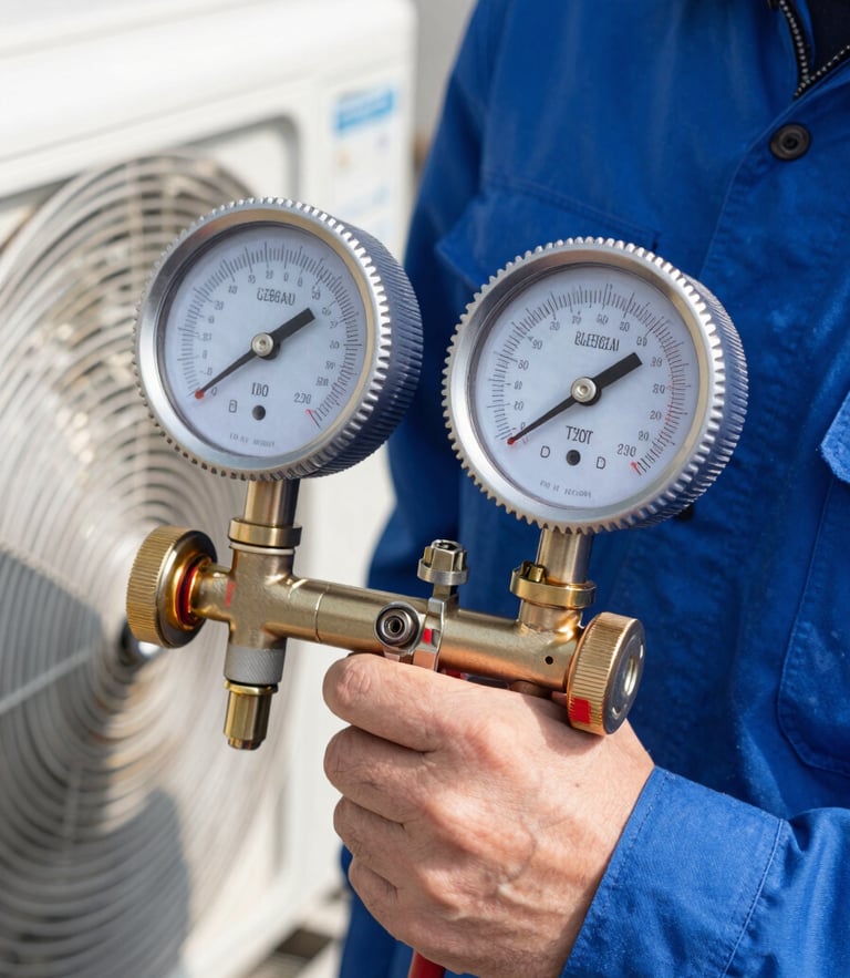 Close-up of a professional technician in a clean blue uniform using a digital manifold gauge to measure AC pressure, bright daylight, high contrast