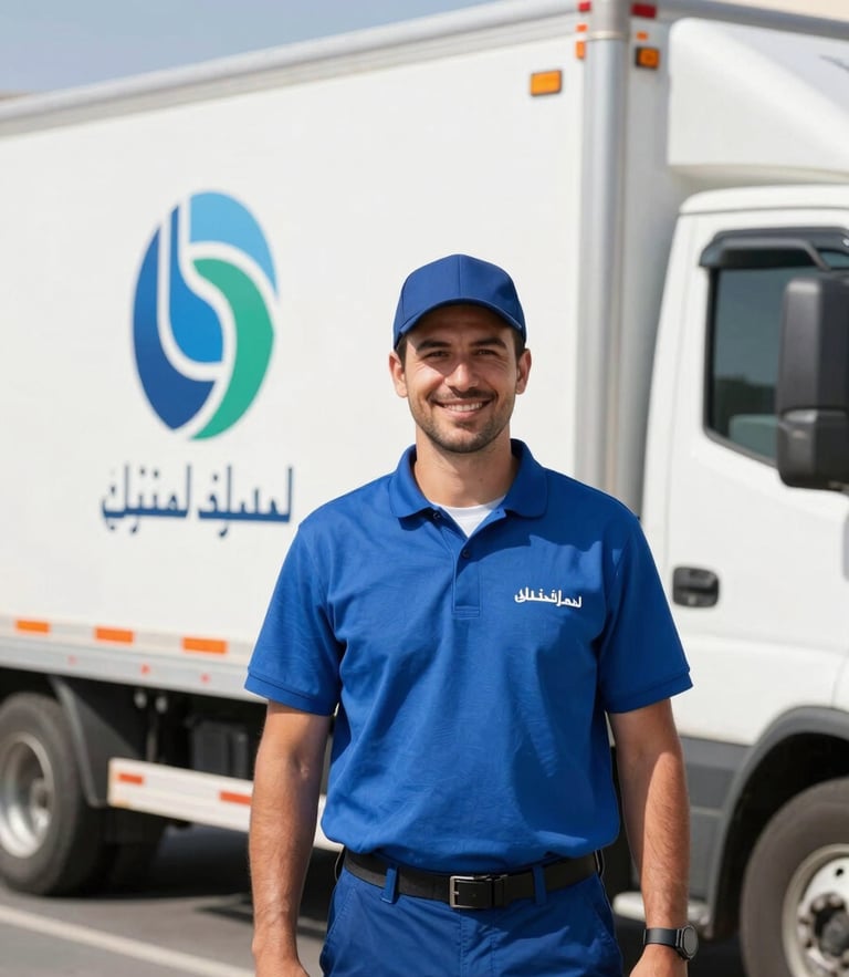 A professional, uniformed moving crew member smiling warmly in front of a clean, branded moving truck, bright Dubai sunlight, sharp focus, 35mm lens