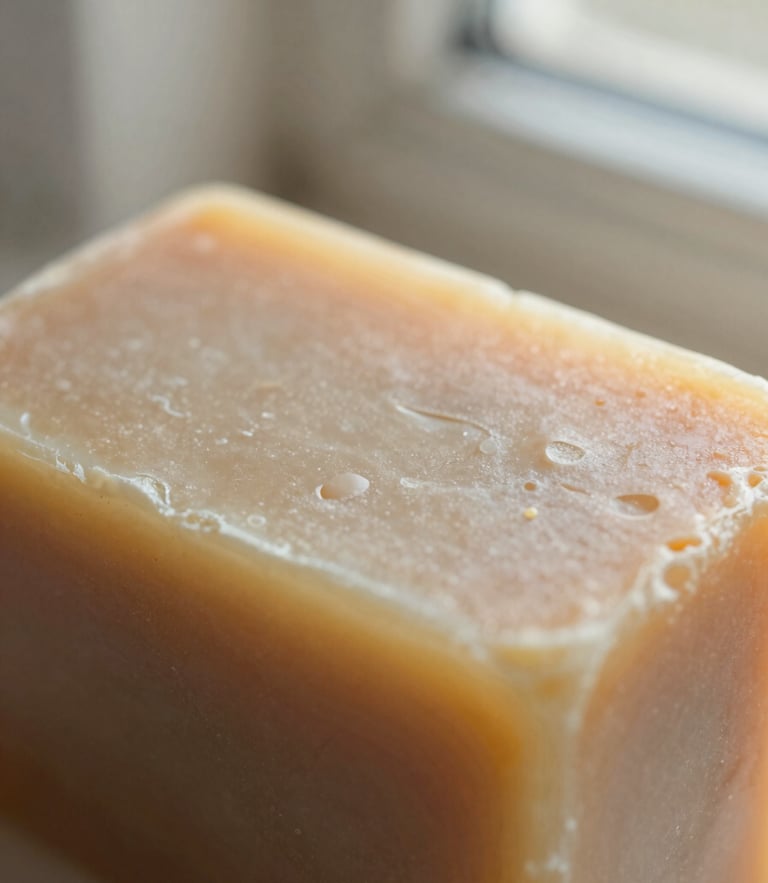 Macro texture of a solid shampoo bar with natural imperfections under warm natural window light, soft focus, organic details.