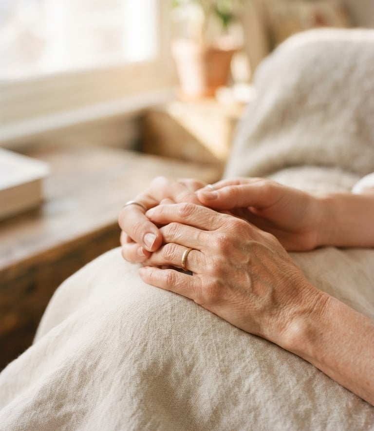 Close-up detail of hands holding gently, warm domestic setting with soft morning daylight filtering in, shallow depth of field, warm editorial photography