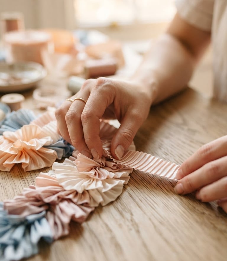 Macro close-up of hands carefully arranging pleated satin ribbons on a light wooden desk under soft diffused morning window light.