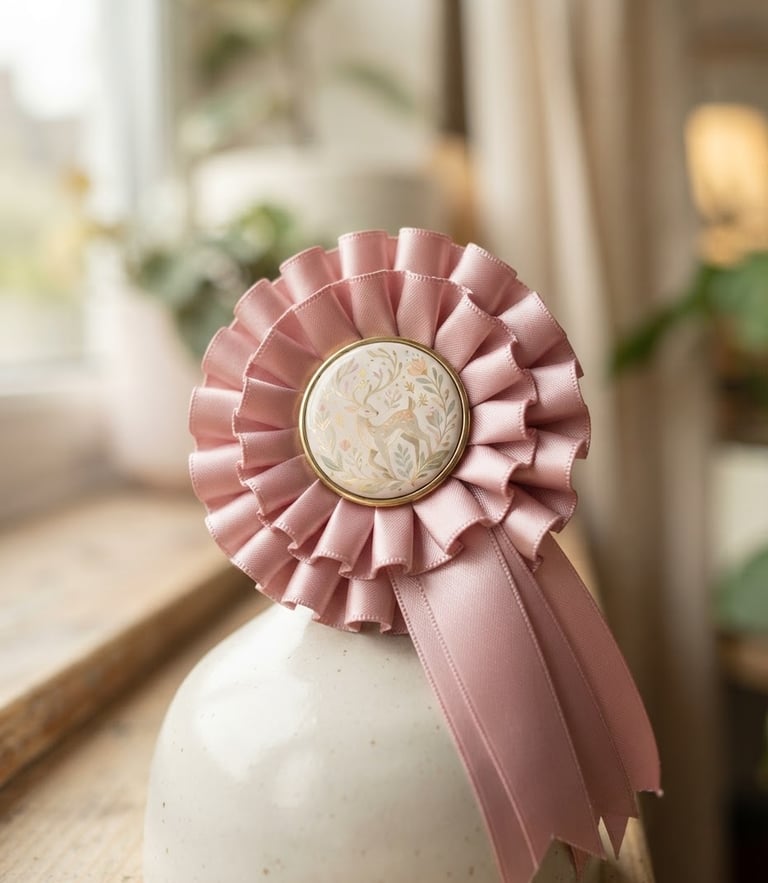 Macro close-up of a hand-pleated satin rosette holding an elegant character badge, resting on a smooth ceramic stand, soft morning window light, shallow depth of field, pastel tones.