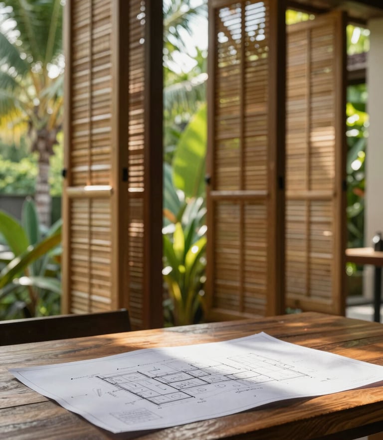 A serene, high-end architectural workspace in Lombok, soft tropical morning light filtering through bamboo screens onto a wooden table with design blueprints.