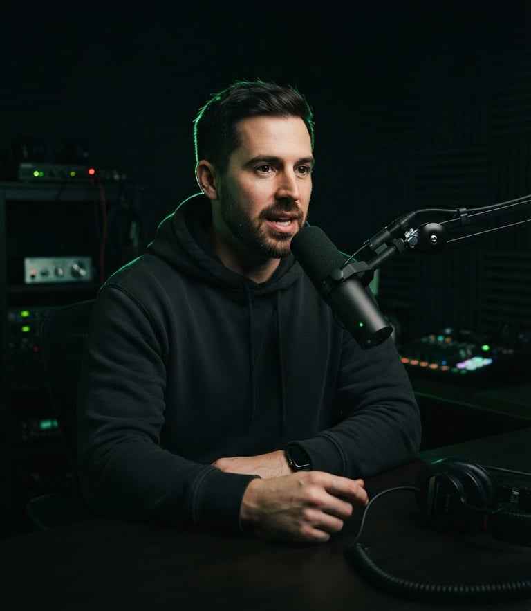 Medium shot of a professional male creator speaking into a studio microphone, low-key moody lighting with sharp electric green rim light, deep charcoal workspace.