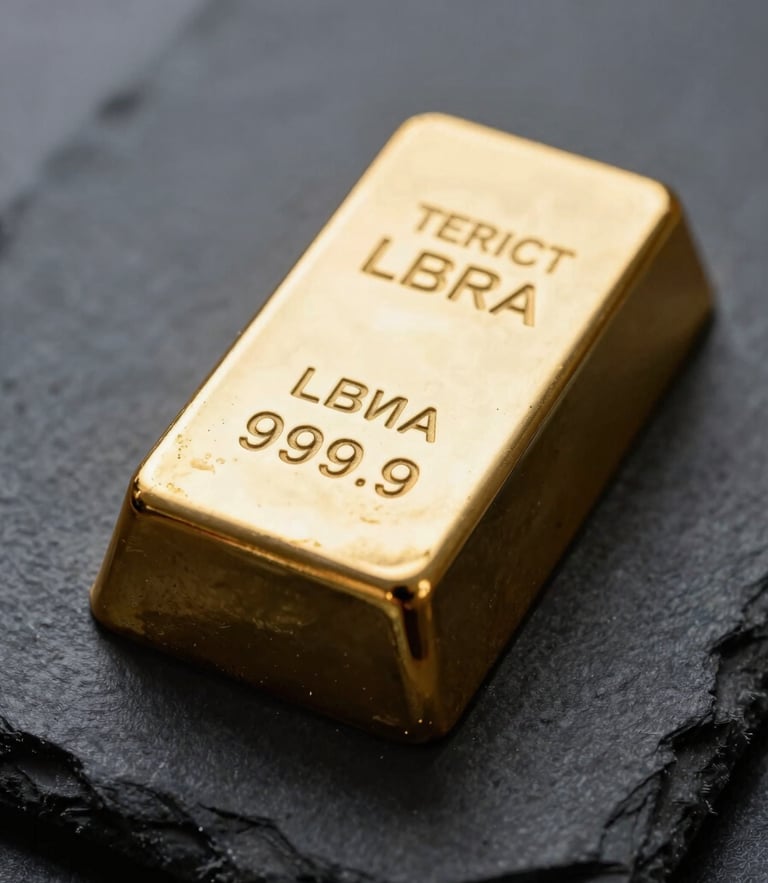 Extreme macro close-up of a certified LBMA gold bar showing the 999.9 purity stamp on a dark slate surface, cool diffused studio light, 50mm