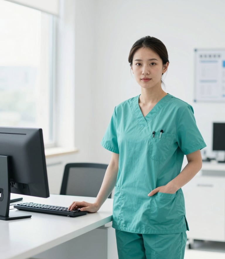 A professional female doctor in clean scrubs standing next to a modern workstation, bright natural light, crisp corporate style