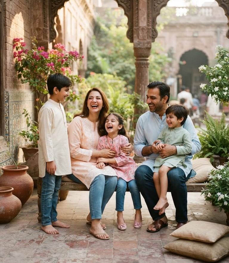 A happy family in Lahore laughing together on a sunlit veranda, wearing soft pastel cotton kurtas and casual denim, warm morning daylight, elegant drape, 35mm photography