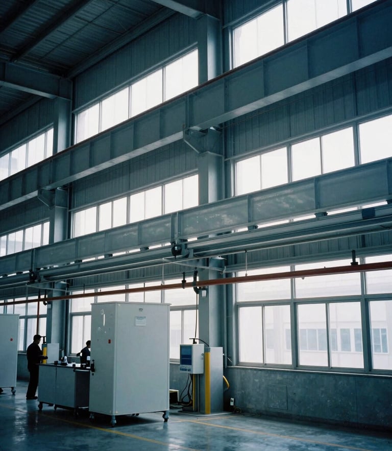 Industrial editorial photography of a modern manufacturing plant interior with clean steel structures, soft daylight filtering through high windows, 35mm.