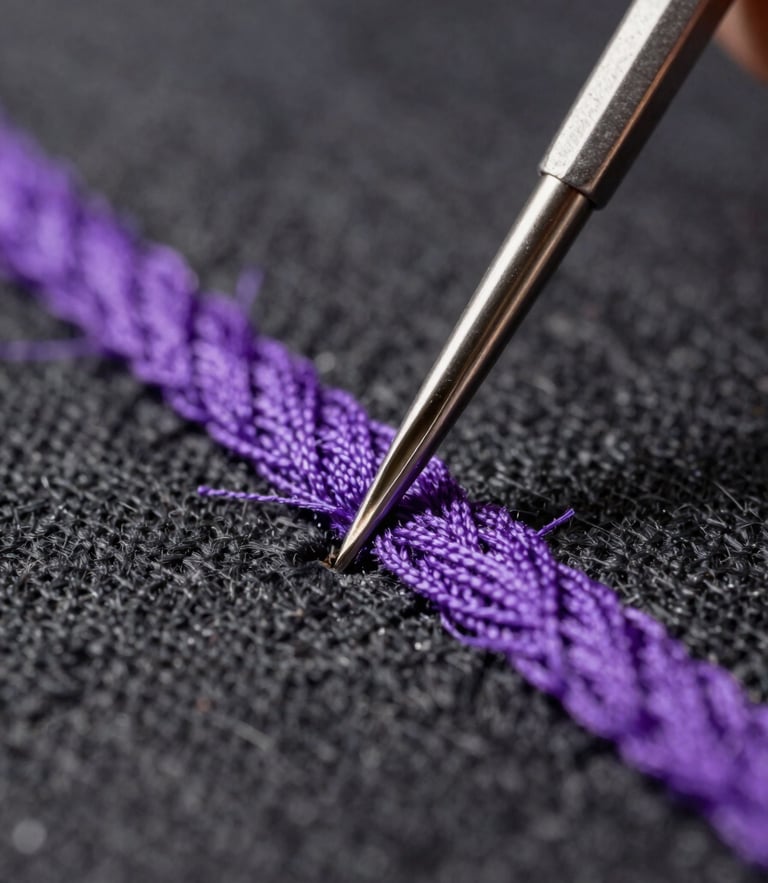 Macro portrait of an industrial embroidery needle piercing charcoal canvas, sharp side-lighting highlighting the high-density purple thread texture.