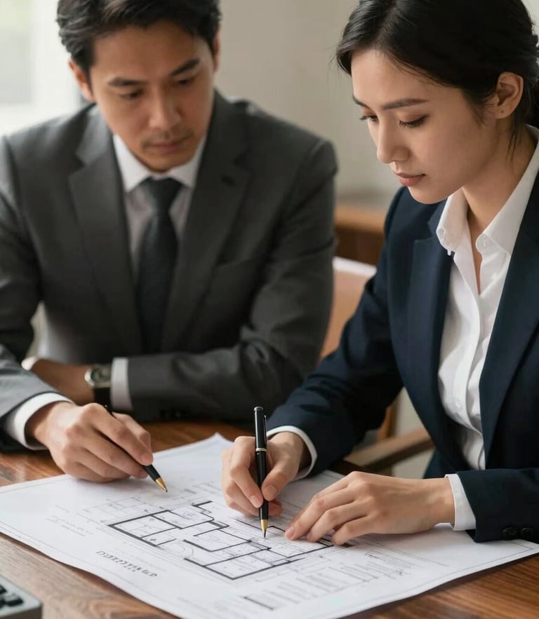 Two professional real estate advisors in corporate attire reviewing architectural blueprints on a dark wood desk, warm natural side lighting.