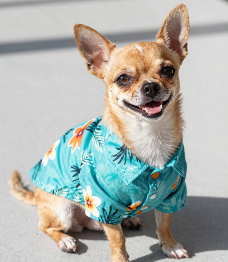 A happy small chihuahua dog wearing a vibrant turquoise miniature hawaiian shirt, sitting on a clean light gray floor, warm natural sunlight, eye-level shot, 35mm lens