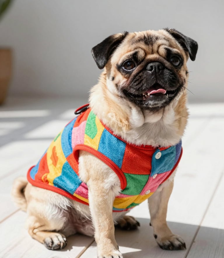 Un alegre perro de raza pug vistiendo una colorida camisa playera hecha a mano, sentado sobre un piso de madera clara iluminado por luz natural brillante.