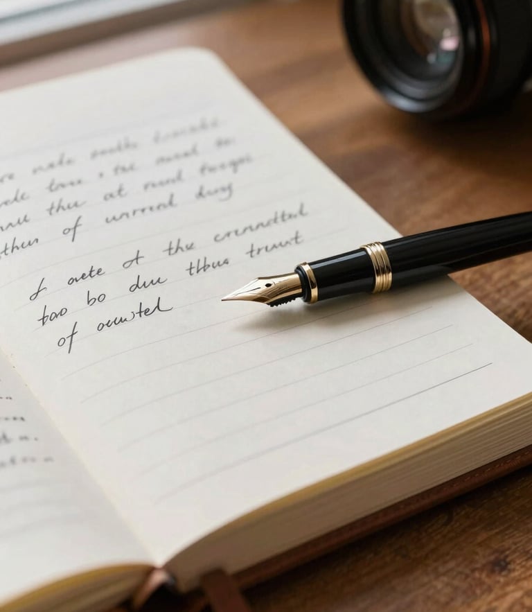 Close-up of handwritten notes on textured paper, leather-bound notebook, elegant fountain pen on a wooden desk, soft window light.