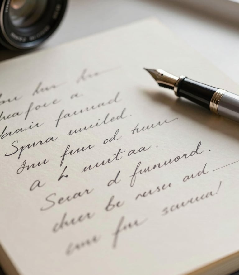 A close-up of handwritten linguistic notes on textured cream paper, a fountain pen resting beside elegant Spanish cursive under soft window daylight.