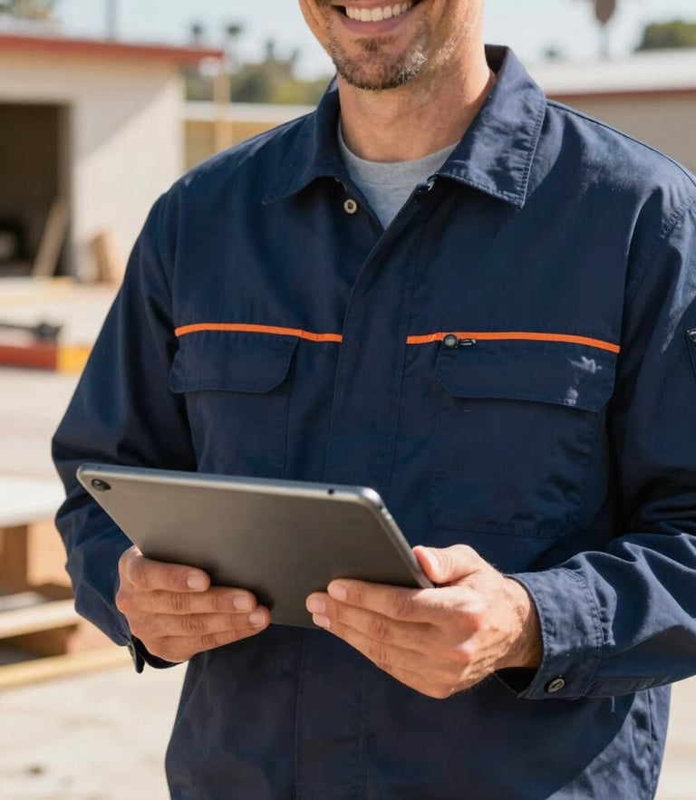 Medium close-up of a smiling HVAC contractor in a navy uniform holding a tablet on a bright Long Beach job site, warm natural sunlight, sharp focus