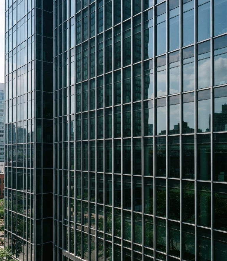 Crisp architectural view of a modern glass office building facade, clean technical daylight, metallic reflections, deep green tones, 35mm