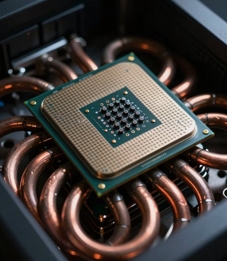 Extreme close-up of high-density server processors with precise copper heat pipes under moody low-key directional lighting, dark metallic tones.