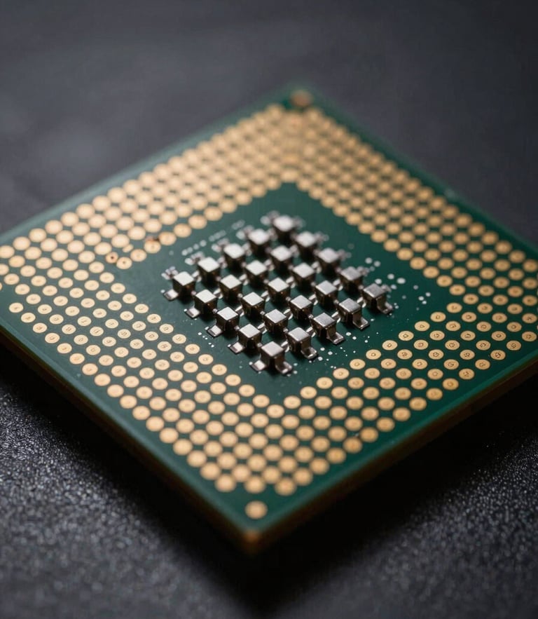 Macro shot of physical silicon microprocessor, high-contrast low-key lighting, sharp directional studio light with deep shadows, extreme close-up