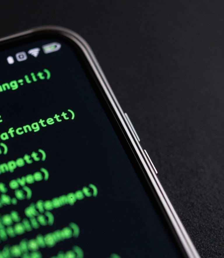 Extreme close-up macro shot of a modern bezel-less Android flagship screen displaying a high-contrast terminal interface with glowing green code lines reflecting off the curved glass edge, dark studio setting