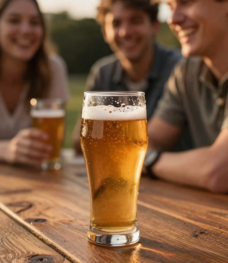 Tight close-up of friends laughing around a rustic wooden table at golden hour, a condensation-dripping craft beer glass in the foreground, warm amber lighting, shallow depth of field, 35mm.
