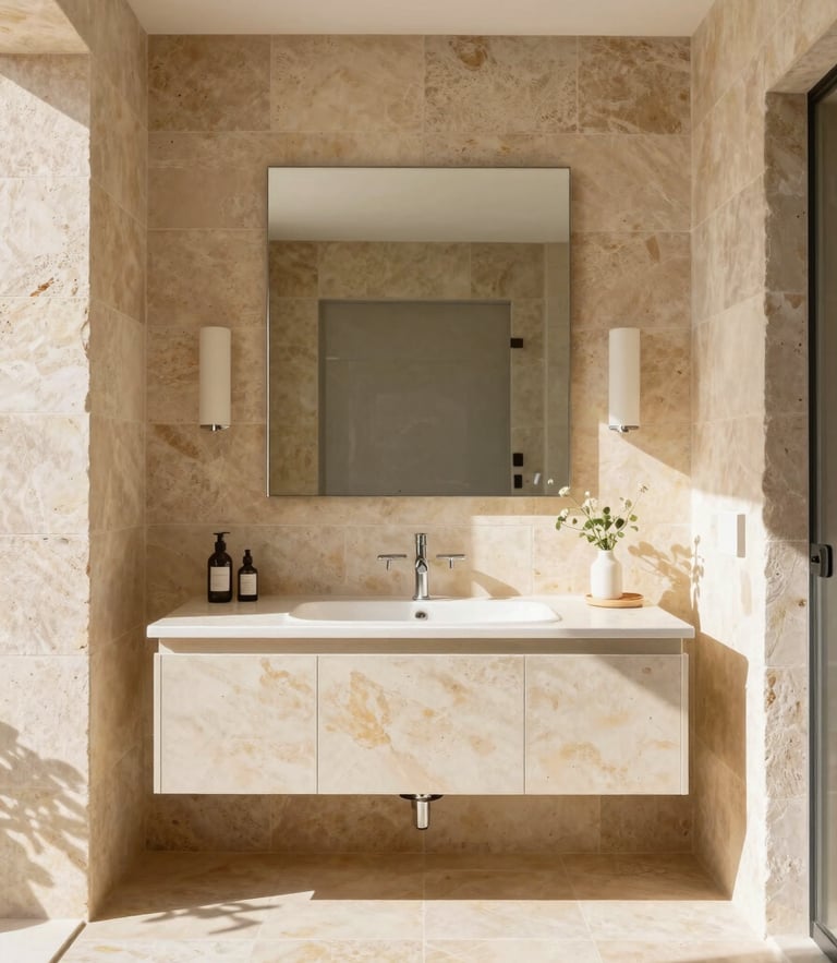 Straight-on architectural elevation of a sunlit luxury bathroom with perfect light stone tiling, warm Mediterranean daylight, medium format lens