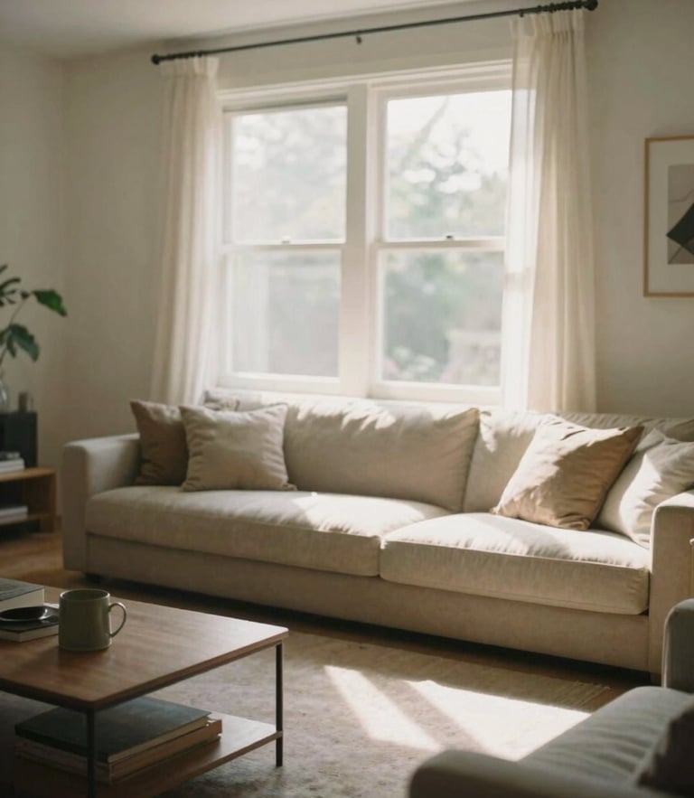 Warm editorial photograph of a clean, well-lit modern living room with soft natural daylight streaming through a large window, calm muted earth tones, shallow depth of field, 35mm film look.