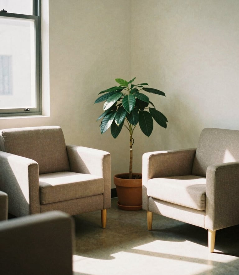 Warm natural daylight illuminating a clean, modern counseling room with two comfortable chairs, a potted plant, and soft shadows, 35mm film style