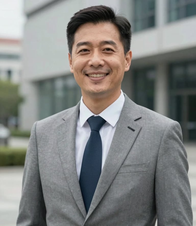 Professional unsmiling environmental portrait of an investigator in neutral business attire, cool overcast daylight, architectural background