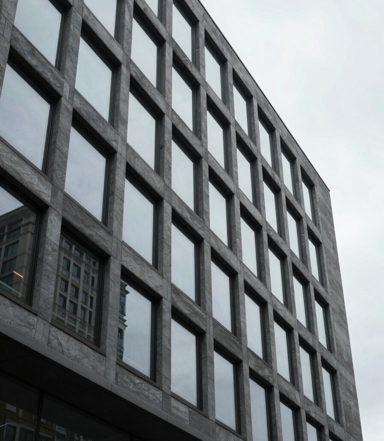 Stark architectural perspective of a modern corporate office building facade, cool overcast daylight, sharp geometric lines, slate gray tones.