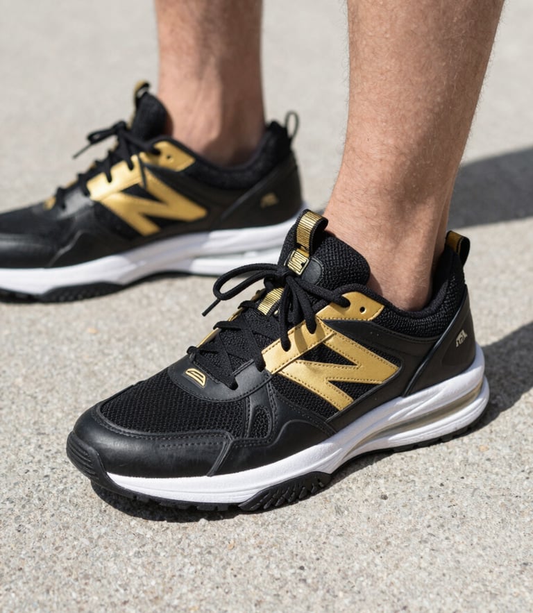 Close-up of premium modern black and gold athletic sneakers on urban pavement, sharp daylight, high contrast streetwear photography, 35mm lens