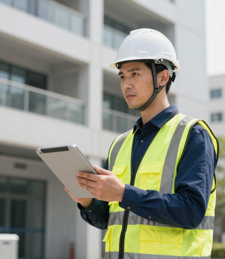 Professional engineer wearing a white hardhat and safety vest, holding a digital tablet, inspecting technical infrastructure inside a modern building, daylight, crisp details, sora-ibm-plex style