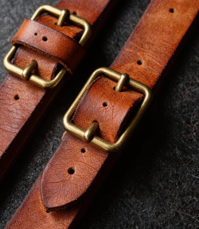 Extreme close-up of thick vegetable-tanned leather straps with heavy brass buckles, dramatic workshop side-light, rich amber tones, showing intense texture and grain