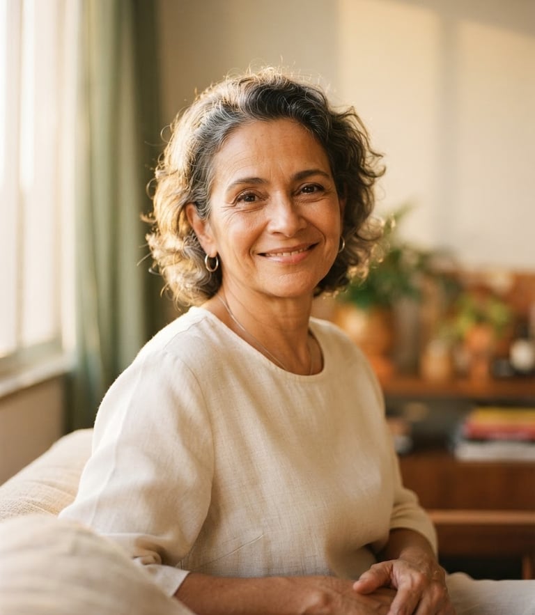 A warm, natural portrait of an elegant mature Brazilian woman with a soft smile, wearing delicate silver earrings, bathed in warm diffused golden hour window light, 35mm photography