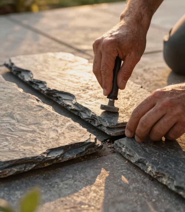 Close-up of a craftsman hand-carving a raw slate joint for a patio, warm golden-hour sunlight highlighting stone texture, 35mm