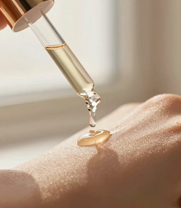 macro close-up of a luxurious facial oil dropper dripping onto clean skin, soft warm window light, champagne tones, shallow depth of field, 35mm