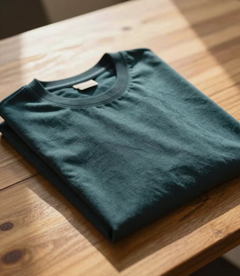 Warm editorial lifestyle photography of folded premium t-shirts on a wooden table, natural golden-hour sunlight casting soft shadows, 35mm