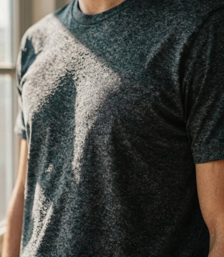 Warm editorial lifestyle photography of a person wearing a premium charcoal combed cotton t-shirt in natural window light, close-up on fabric texture and high-fidelity print quality, shallow depth of field, 35mm