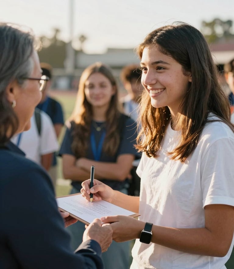 A high-school student receiving an award from a smiling mentor, warm golden-hour Southern California sunlight, soft focus background, 35mm.