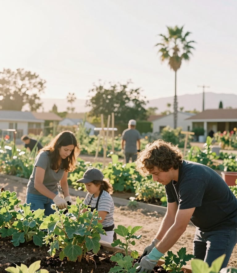 A warm golden-hour view of a Laguna Niguel community garden with active volunteers tending to plants, bright natural Southern California sunlight, soft focus background, 35mm