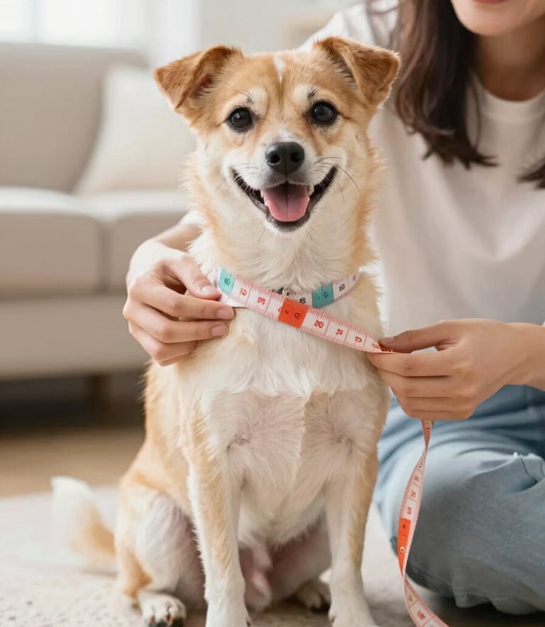 A happy small dog sitting patiently while a cheerful person gently measures its chest with a colorful soft tape measure, bright daylight, warm home interior.