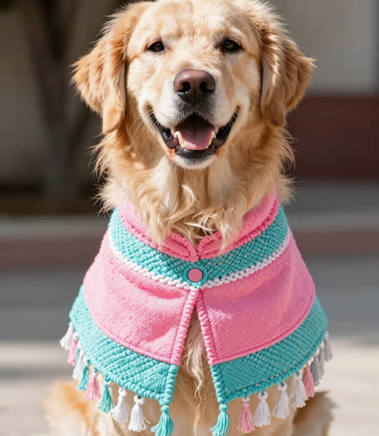 A happy golden retriever wearing a vibrant pink and turquoise handcrafted Mexican pet poncho, sitting outdoors in bright natural daylight, eye-level portrait