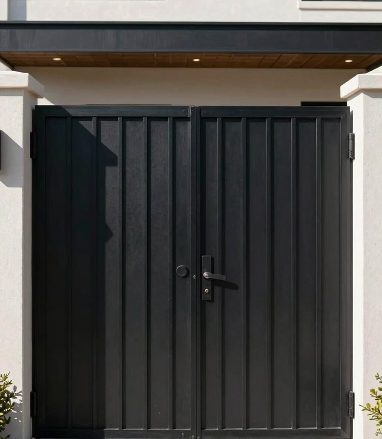 Straight-on architectural elevation of a modern black steel estate gate in Los Angeles, high-contrast California daylight, crisp shadows.