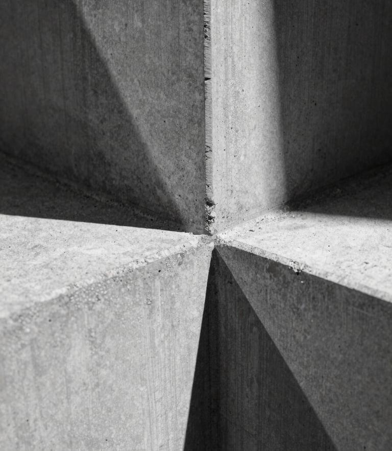 Perfect orthographic macro shot of a cast concrete joint, sharp directional shadows, high-contrast black and white, geometric lines