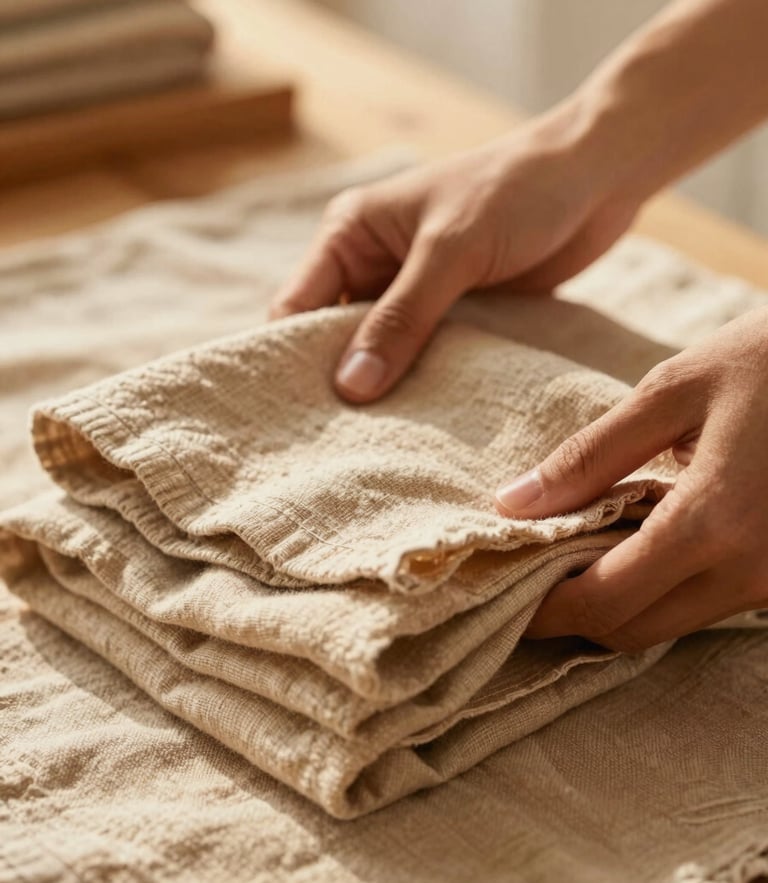 Warm editorial photography of hands carefully folding clean, warm-toned linen textiles in a bright, sunlit room, shallow depth of field