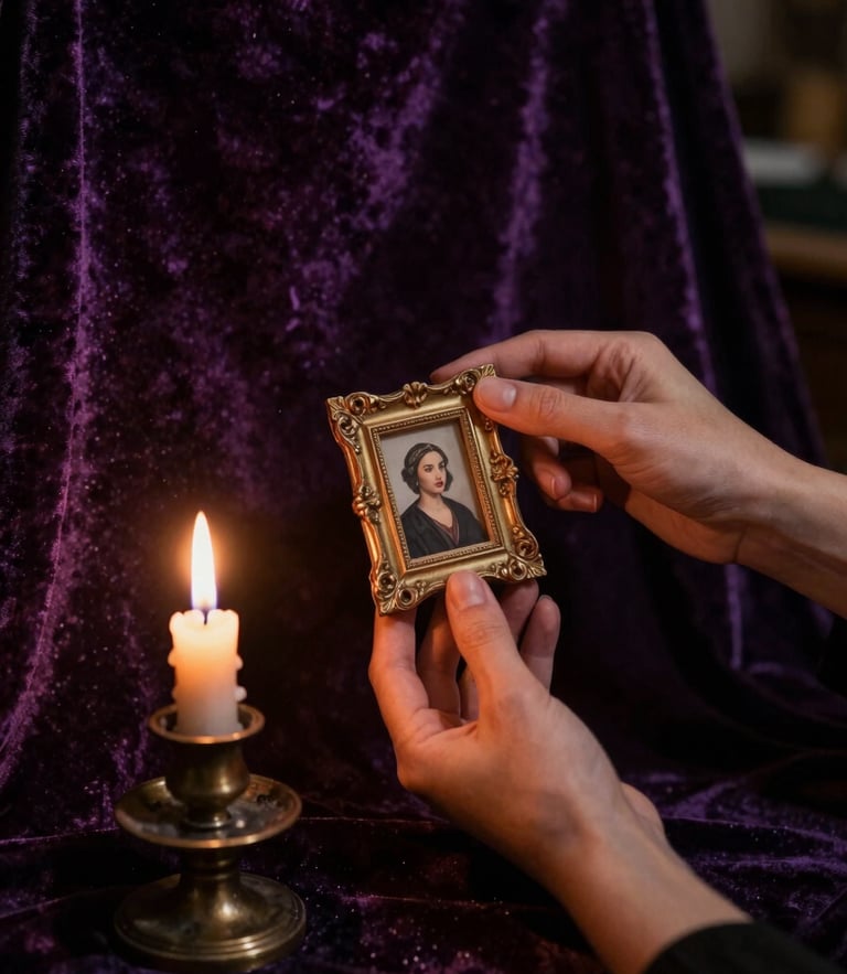Low-key chiaroscuro portrait of a female artist in a velvet-draped studio, soft golden candlelight illuminating her hands holding a delicate miniature frame, 35mm film.