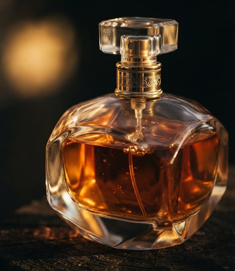 Macro close-up of an elegant glass perfume bottle catching warm golden-hour side-light, highlighting amber liquid facets and soft shadows.